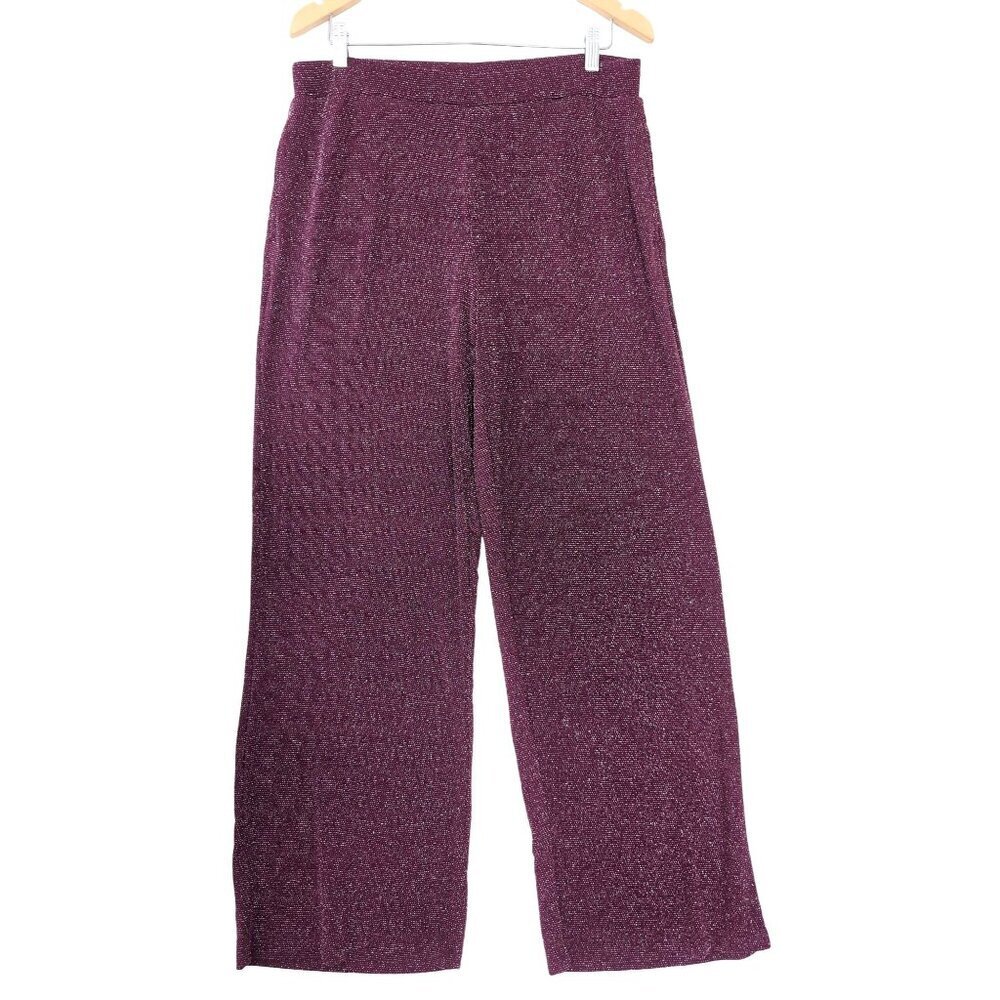 Susan Graver Wide Leg Pants Womens M Wine Silver Metallic Stretch Knit Pull On